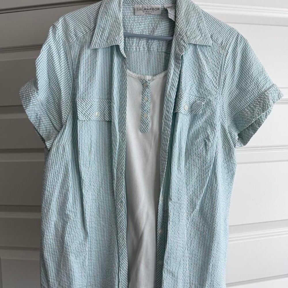 Sag Harbor light blue and white striped cotton button-up shirt in a 2X #stripes